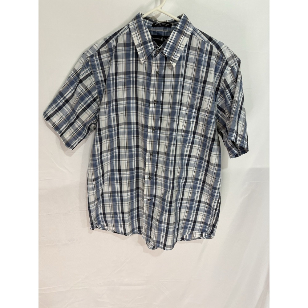 Beverly Hills Polo Club Mens Plaid Shirt XL Blue White Button Up Short Sleeve